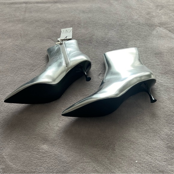 Zara Metallic Kitten Heel Ankle Boots Metallic Effect Thin Heel Pointed Toe NWT - Picture 11 of 11